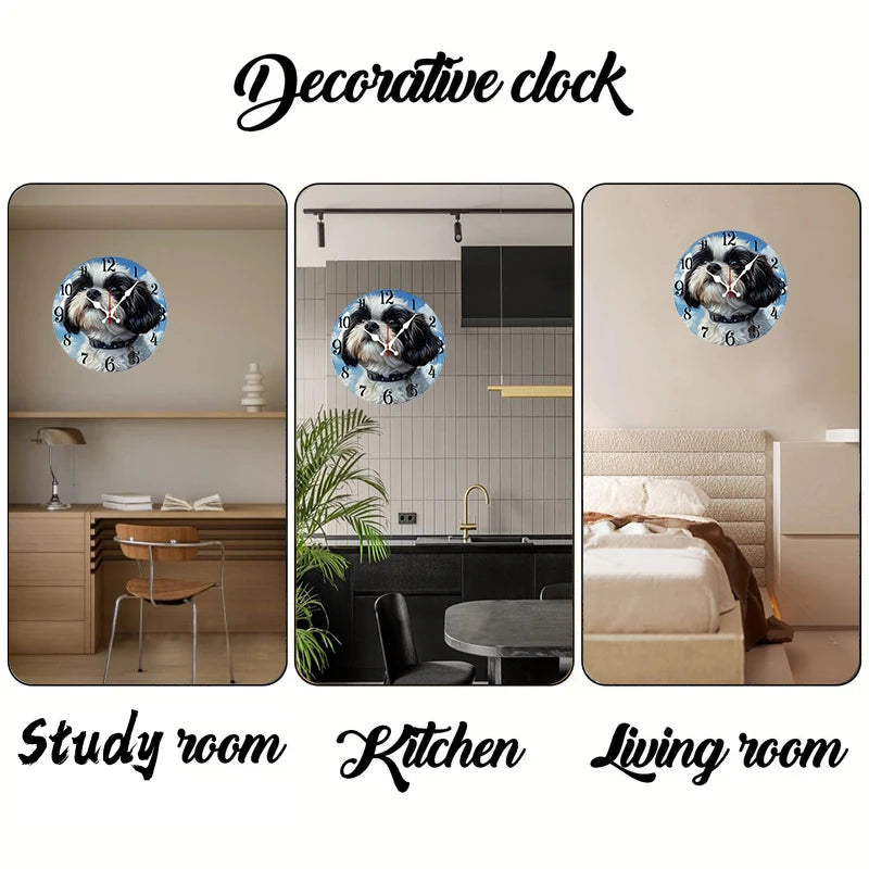 Shih Tzu Dog Wooden Wall Clock, Silent Round Clock for Dog Lovers