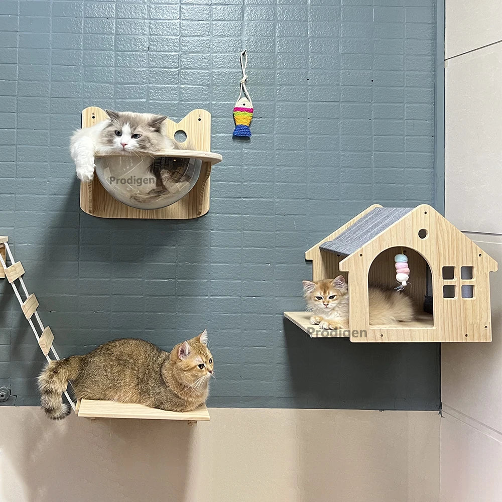 Wall-Mounted Cat Castle House Shelf, Climbing Hideaway Bed for Cats