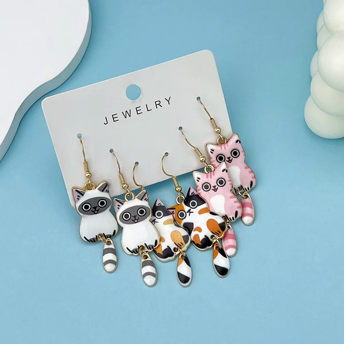 Hanging Tail Cat Dangle Earrings, 3-Pair Enamel Gift Set for Cat Lovers