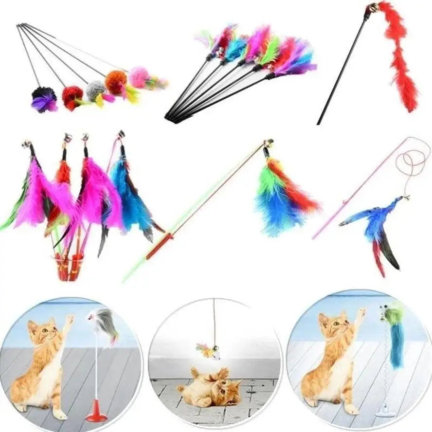 5-Pack Turkey Feather Cat Teaser Wand with Bell