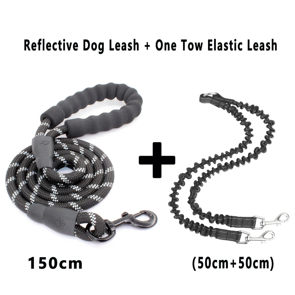 No-Tangle Double Dog Leash with Reflective Bungee for Two Dogs
