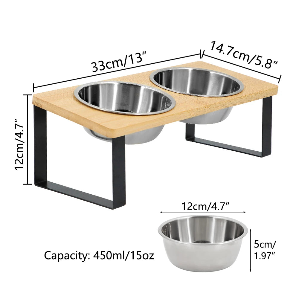 Tilted Elevated Cat Bowls with Wooden Stand, 2 Stainless Steel Bowls