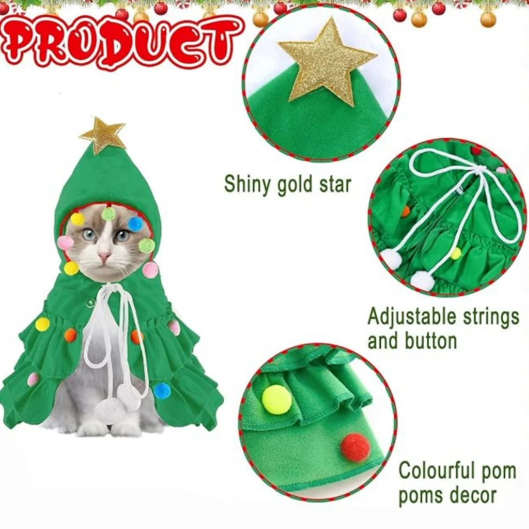 Christmas Tree Cloak Costume for Dogs & Cats, Star Pompom Cape