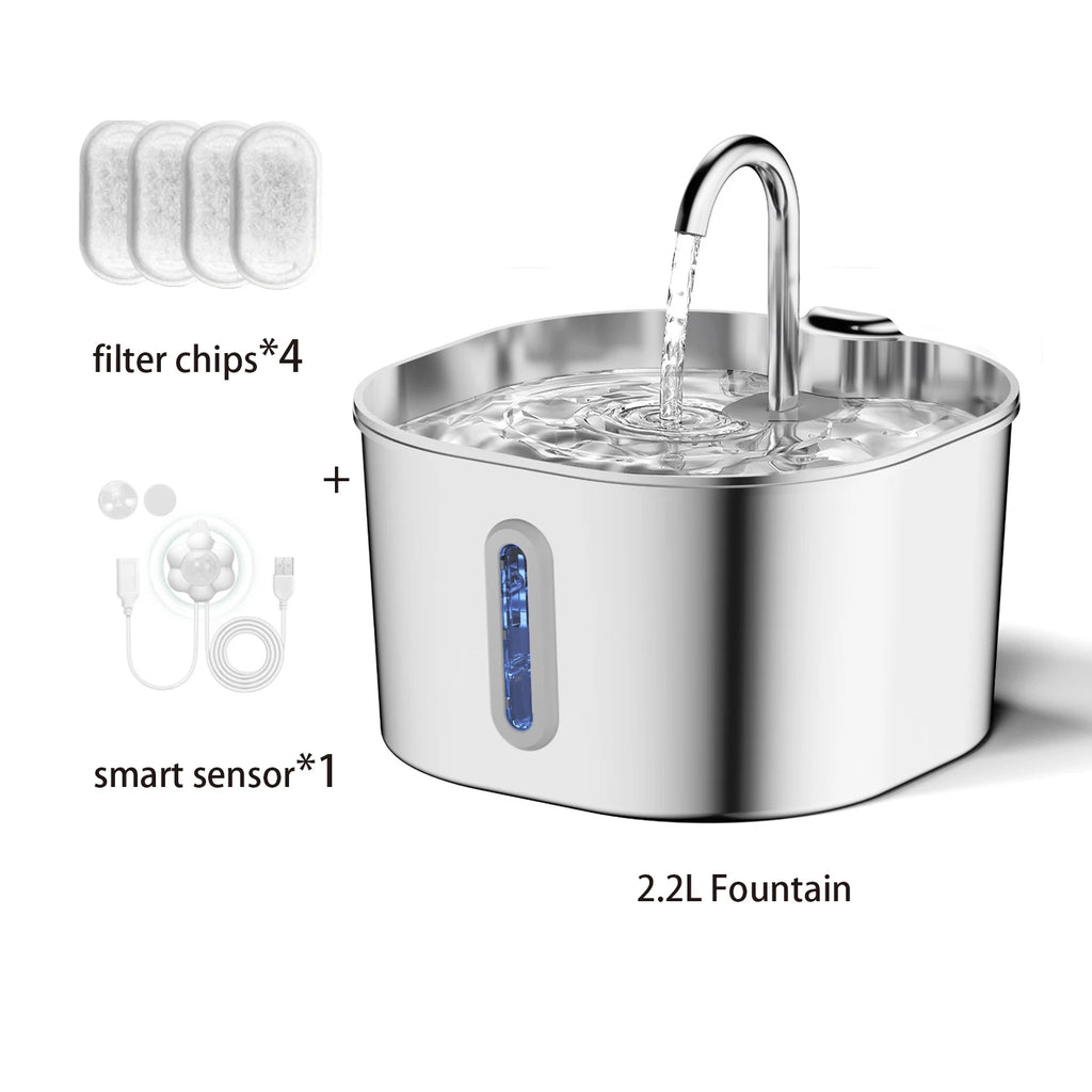 Stainless Steel Pet Water Fountain – 2.2L Cat & Dog Drinking Bowl