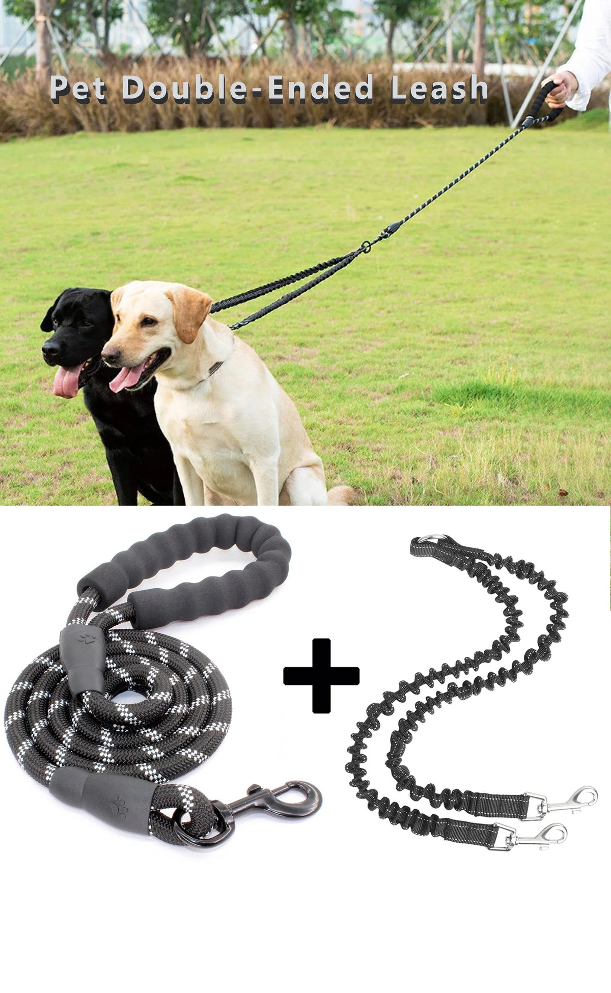 No-Tangle Double Dog Leash with Reflective Bungee for Two Dogs