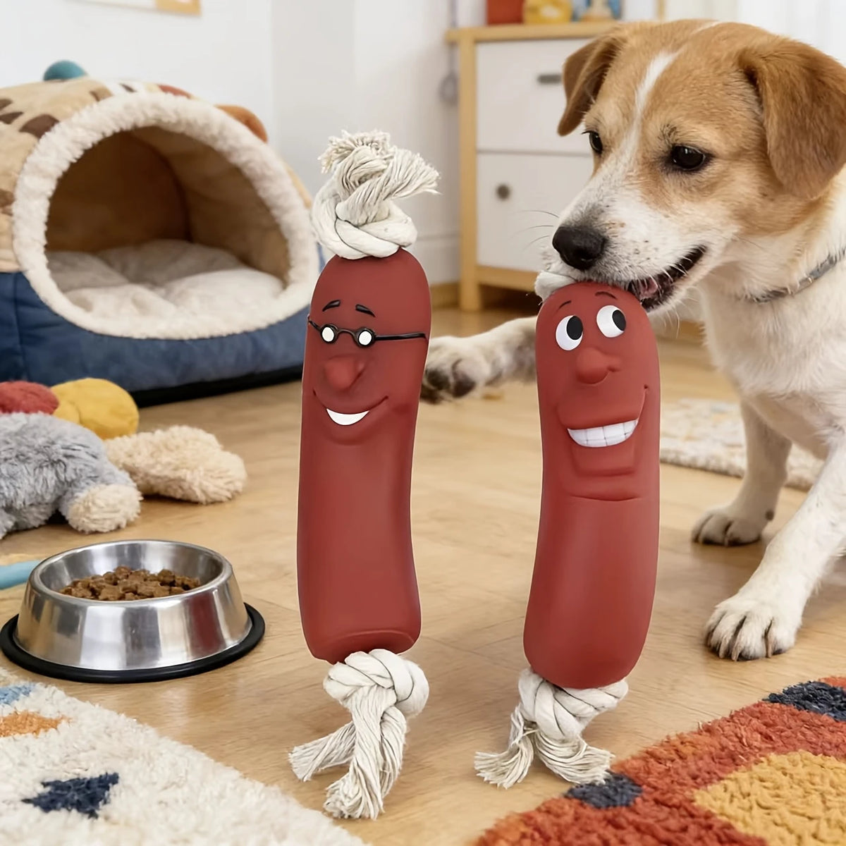 Squeaky Sausage Dog Chew Toy, Bite-Resistant Rope Teething Toy