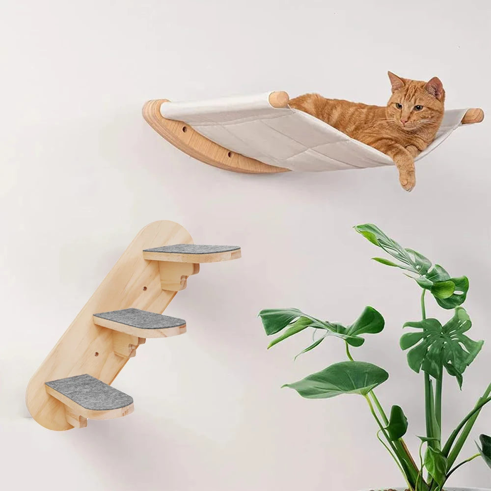 Wall-Mounted Curved Cat Shelf Steps with Cozy Perch Bed