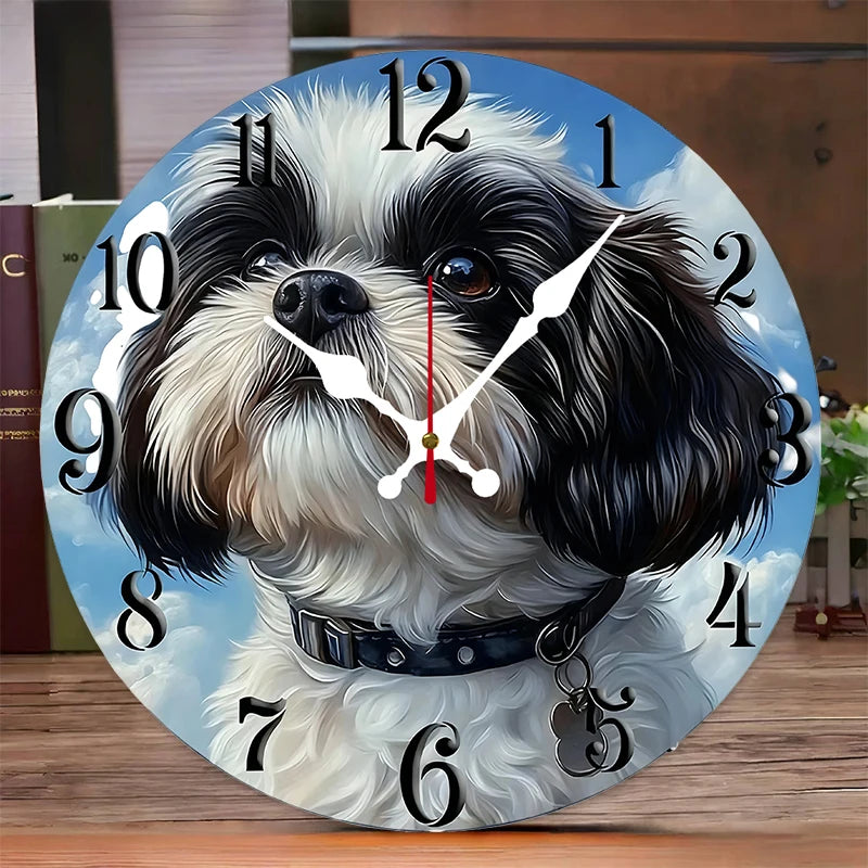 Shih Tzu Dog Wooden Wall Clock, Silent Round Clock for Dog Lovers