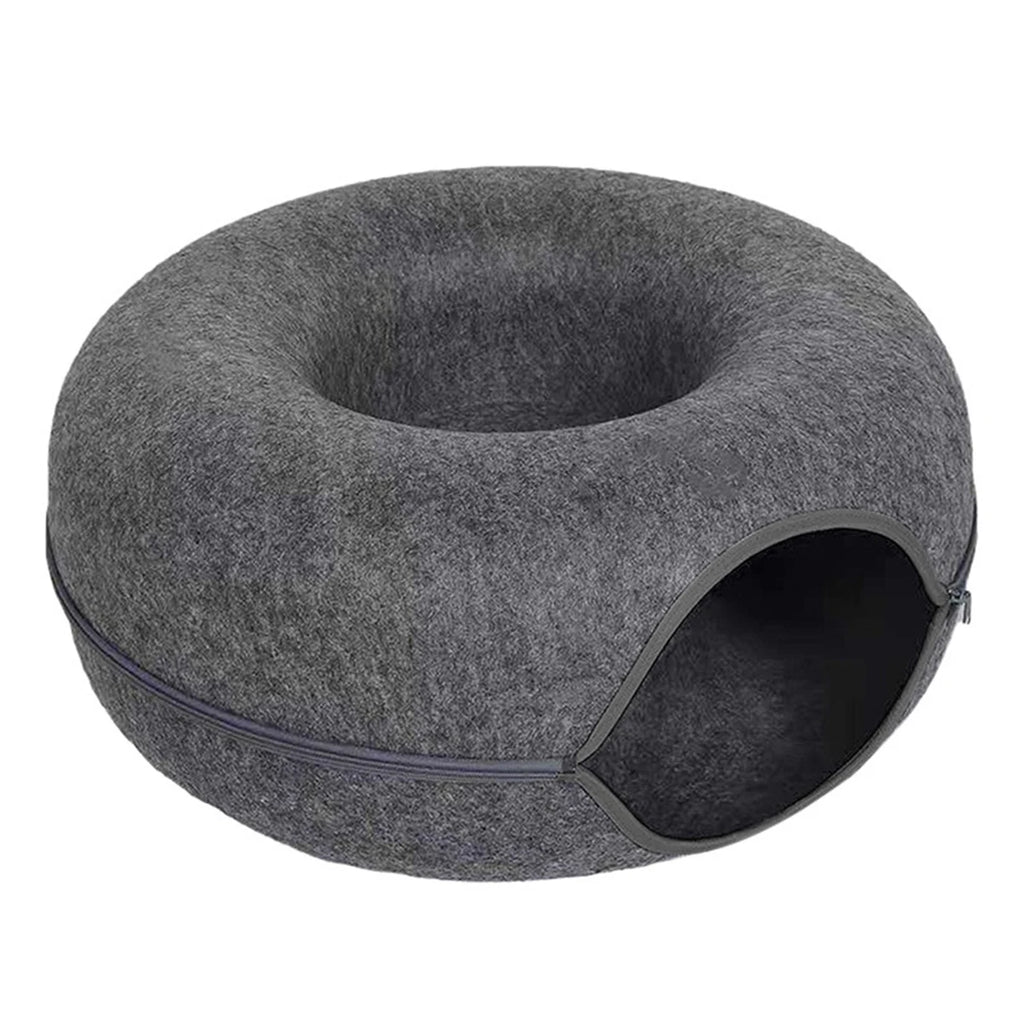 2-in-1 Felt Donut Cat Bed and Play Tunnel, Cozy Hideaway Cave