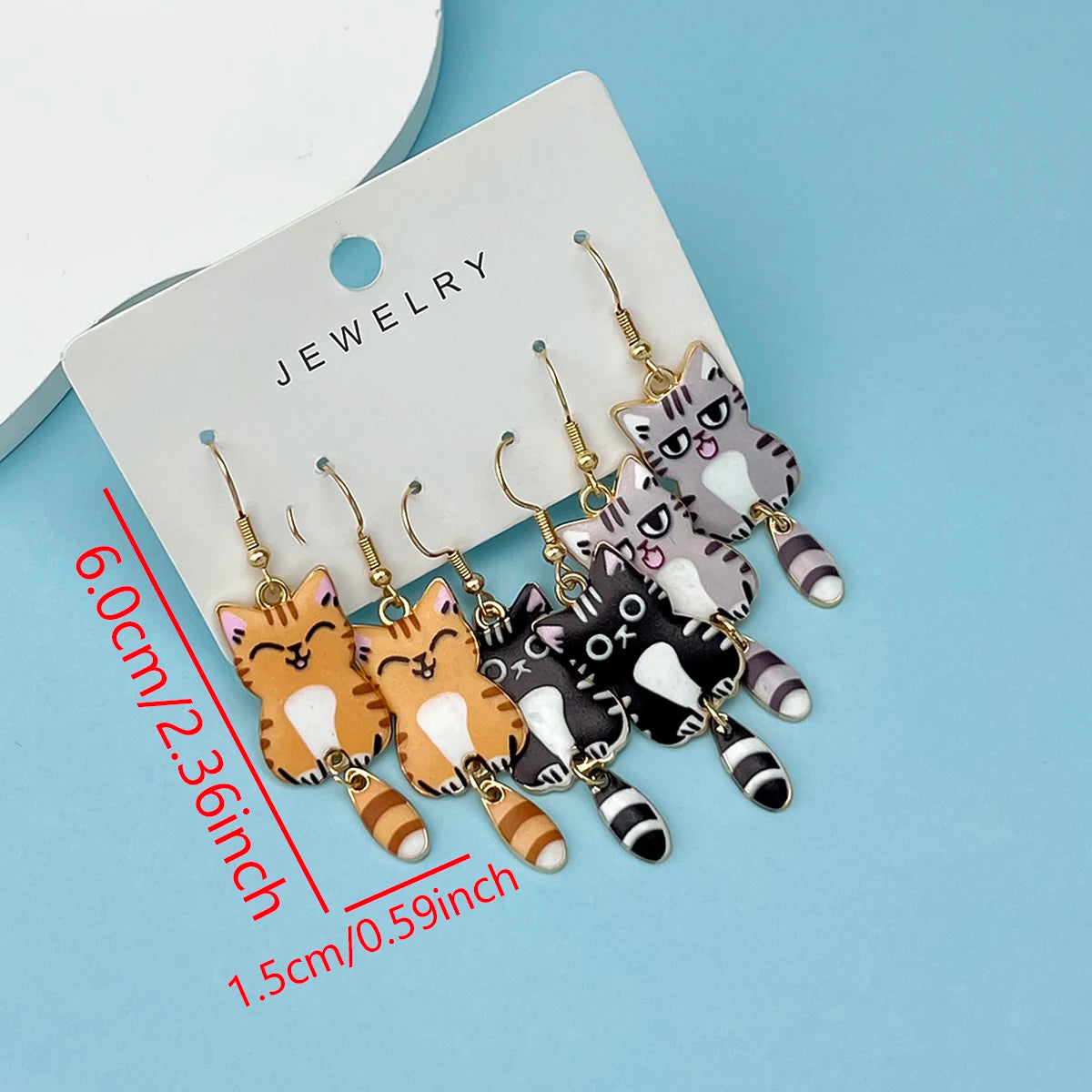Hanging Tail Cat Dangle Earrings, 3-Pair Enamel Gift Set for Cat Lovers