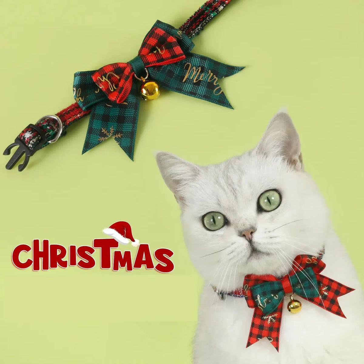 Christmas Pet Bow Collar, Adjustable Plaid Holiday Collar
