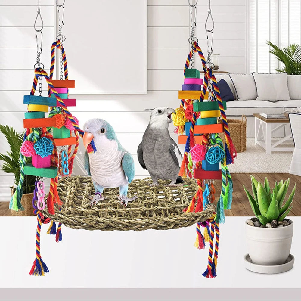 Colorful Parrot Climbing Net Hammock with Hanging Bird Cage Toys
