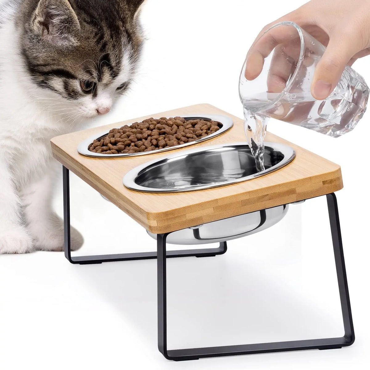Tilted Elevated Cat Bowls with Wooden Stand, 2 Stainless Steel Bowls