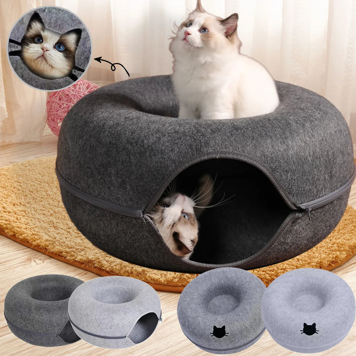 2-in-1 Felt Donut Cat Bed and Play Tunnel, Cozy Hideaway Cave