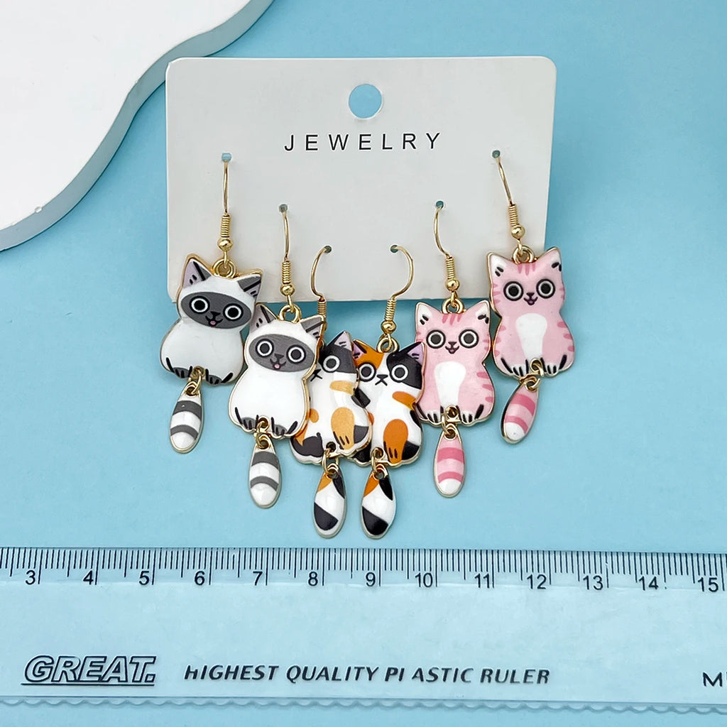 Hanging Tail Cat Dangle Earrings, 3-Pair Enamel Gift Set for Cat Lovers