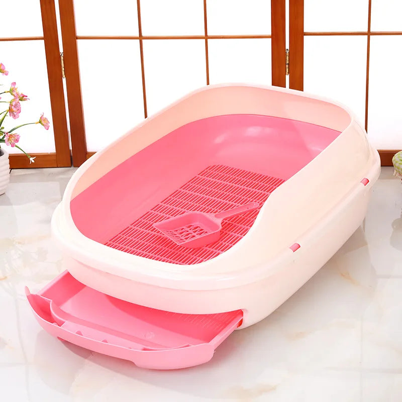 Half-Enclosed Double-Layer Grid Cat Litter Box, Splash-Proof Drawer