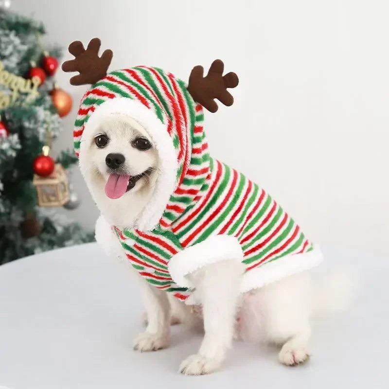 Christmas Elk & Santa Dog Hoodie, Warm Winter Pet Coat