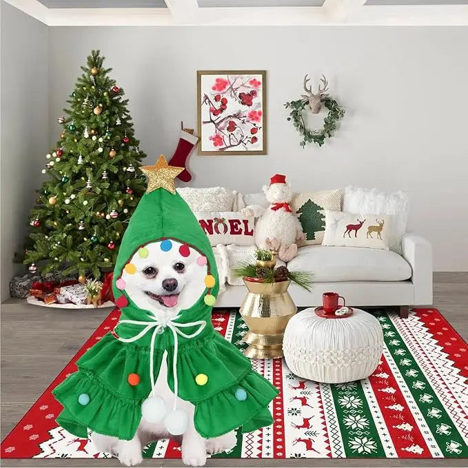 Christmas Tree Cloak Costume for Dogs & Cats, Star Pompom Cape
