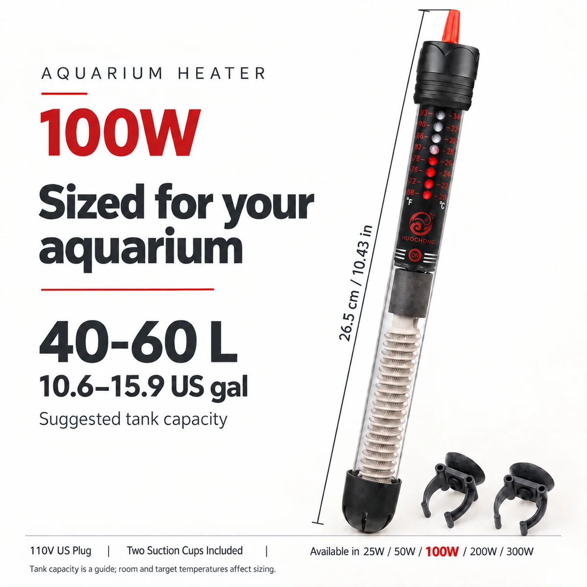 Adjustable Submersible Aquarium Heater with US Plug, 25W to 300W
