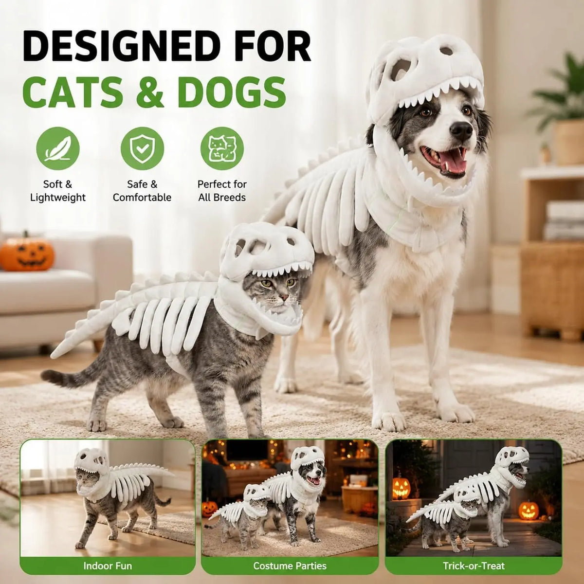 Funny Dinosaur Skeleton Pet Costume for Dogs and Cats Halloween