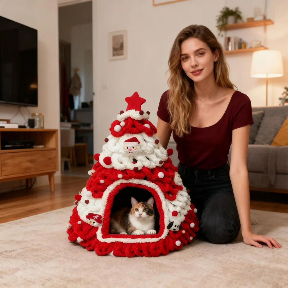 Knitted Christmas Tree Cat House, Warm Winter Nest for Kittens