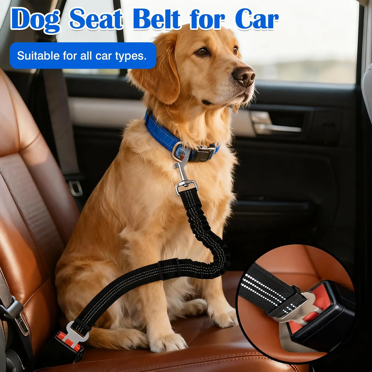 Adjustable Dog Car Seat Belt with Reflective Strip & Bungee
