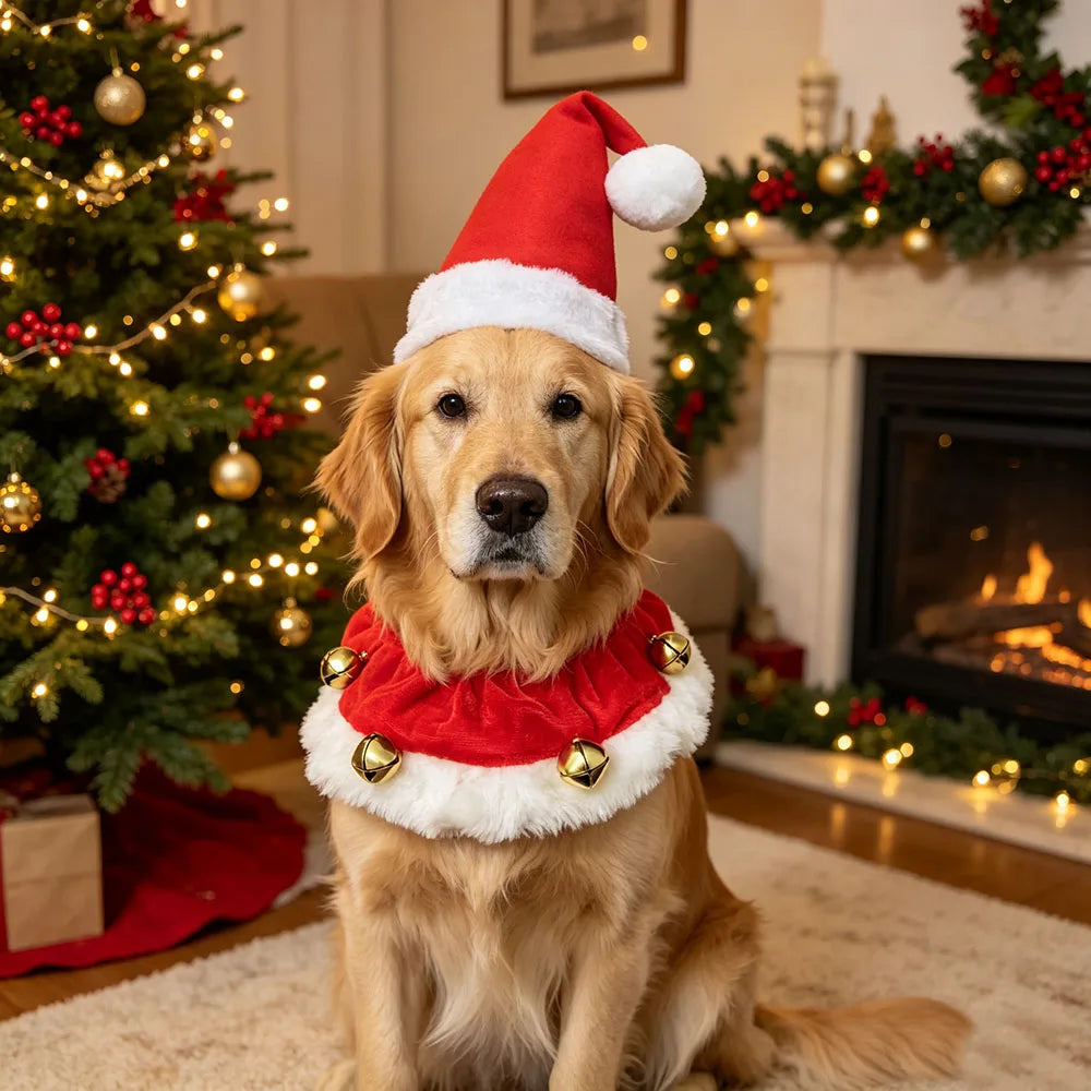 Dog Christmas Santa Hat Collar with Bells, Holiday Costume