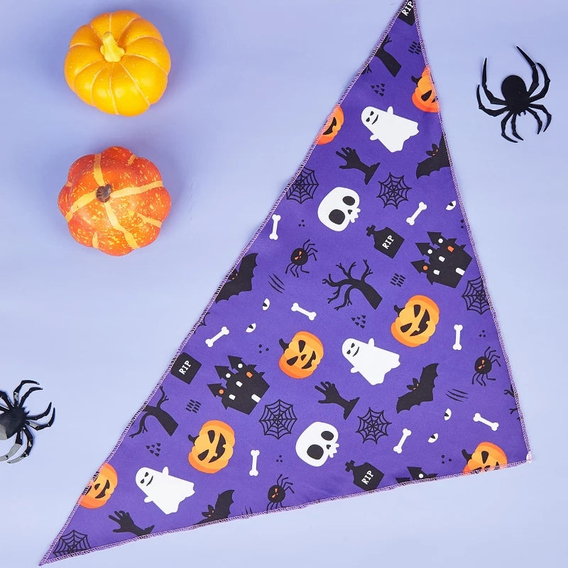 Halloween Dog Bandana with Pumpkin & Spider Web Print, Adjustable
