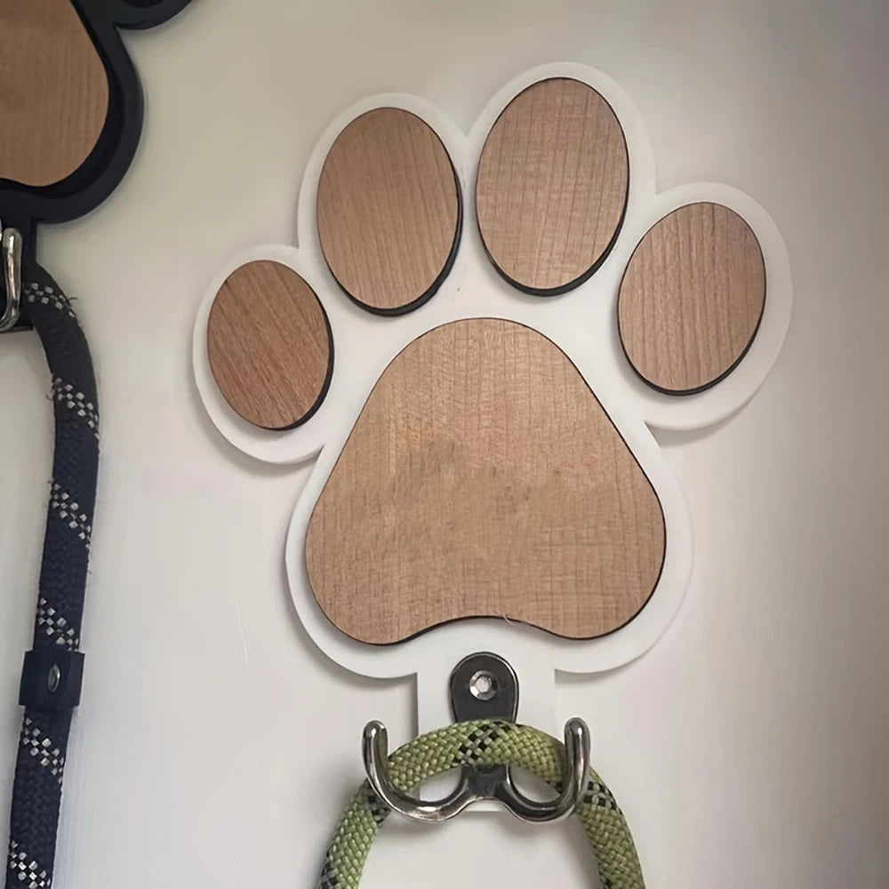 Paw Print Wooden Leash Hanger Wall Hook for Dog Lovers