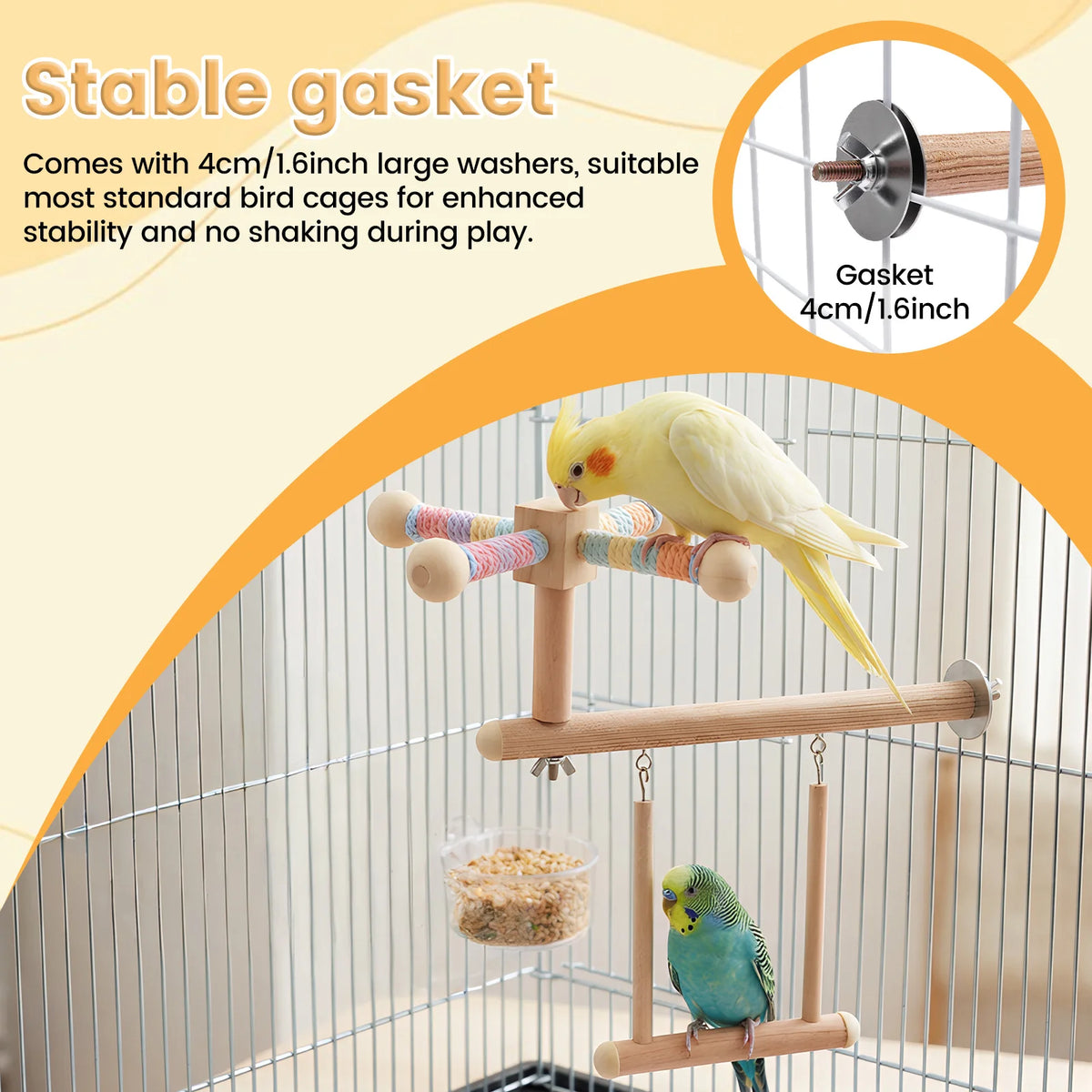 3-in-1 Wooden Bird Perch Swing & Hammock Toy for Parakeets