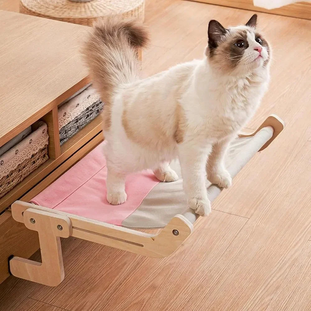 Wooden Sofa Armrest Cat Hammock, Clip-On Canvas Perch Bed for Cats