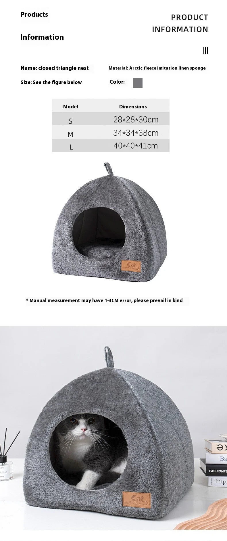 Warm Triangle Cat Tent Bed, Enclosed Cozy Cave for Cats & Small Dogs
