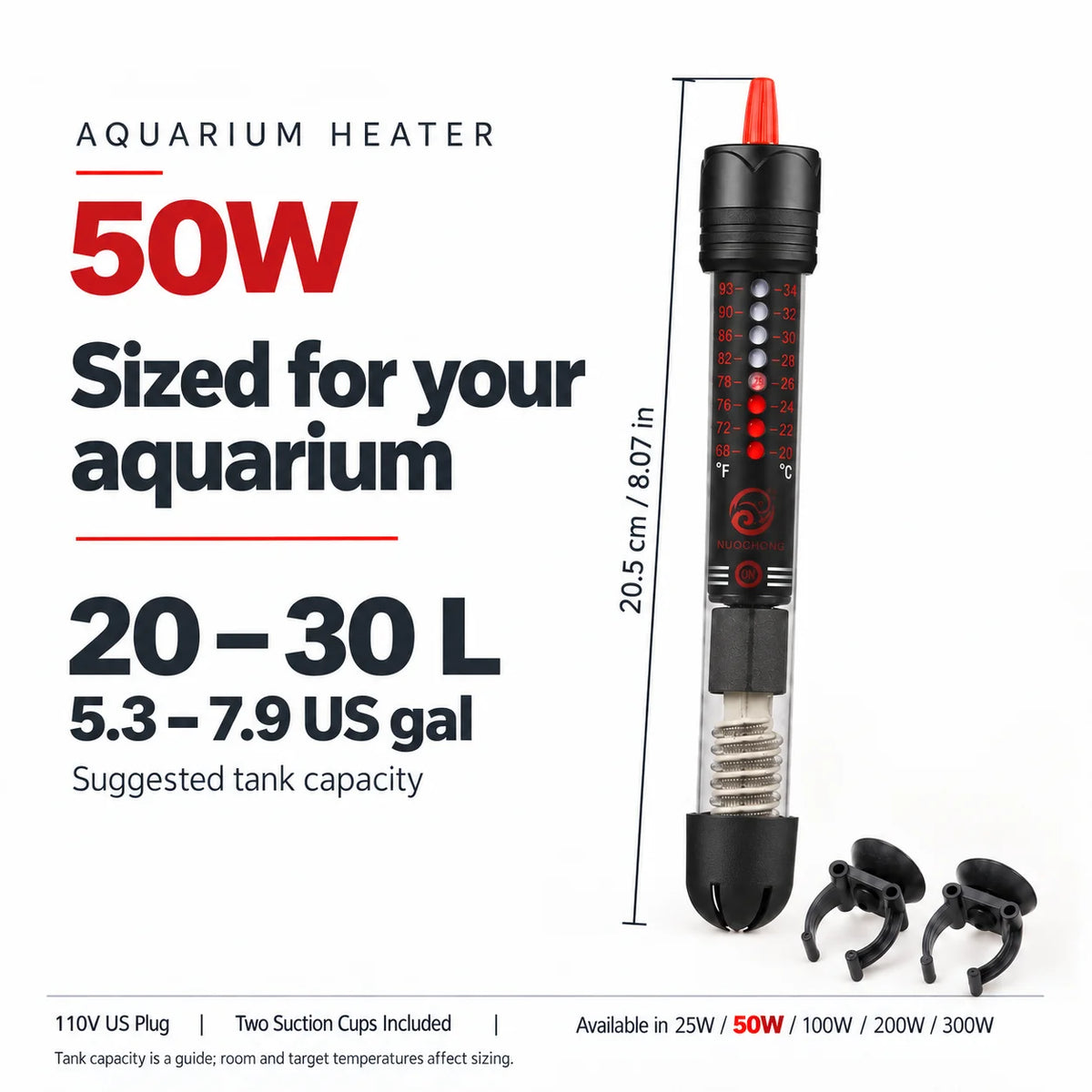 Adjustable Submersible Aquarium Heater with US Plug, 25W to 300W