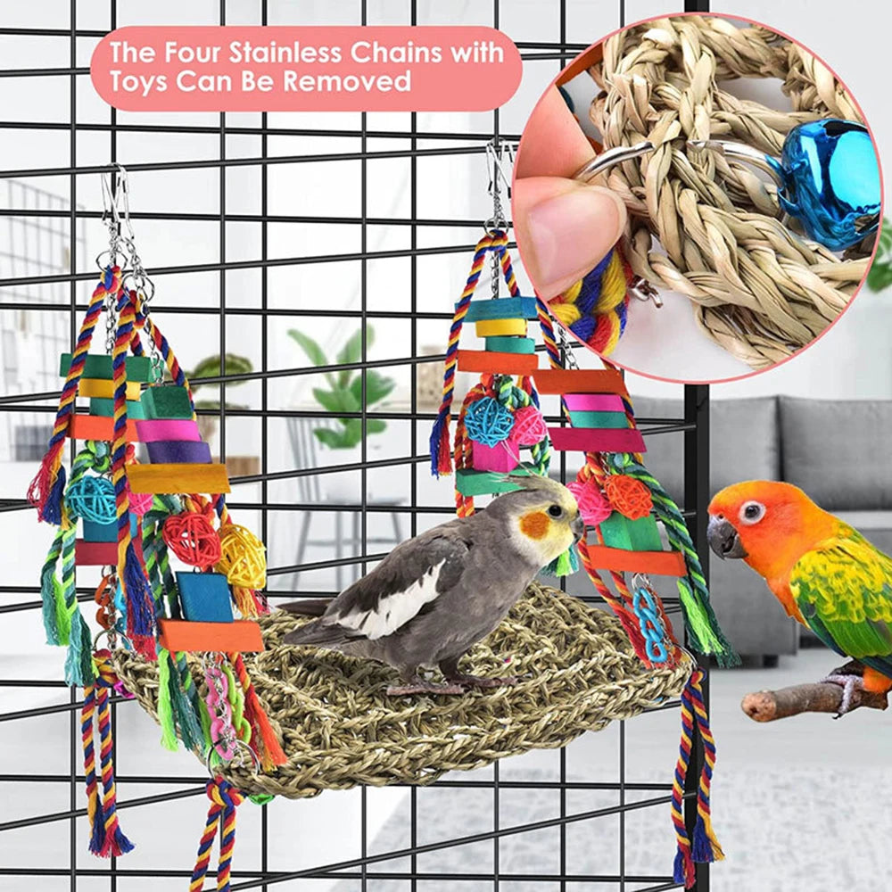 Colorful Parrot Climbing Net Hammock with Hanging Bird Cage Toys