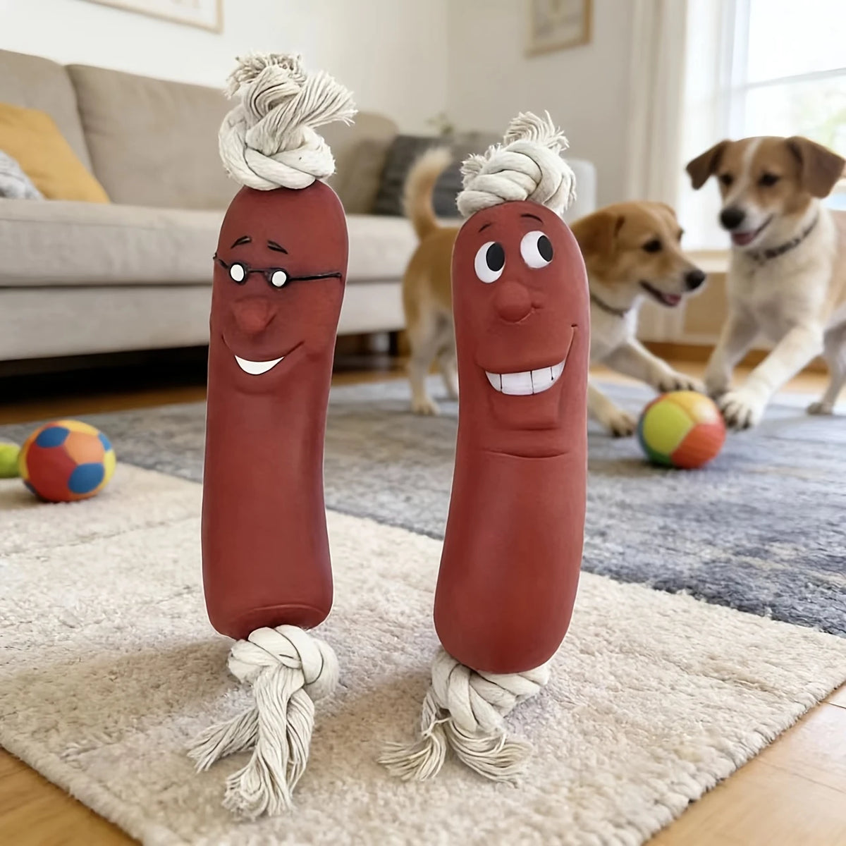 Squeaky Sausage Dog Chew Toy, Bite-Resistant Rope Teething Toy