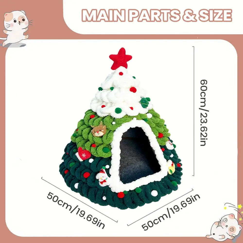 Knitted Christmas Tree Cat House, Warm Winter Nest for Kittens
