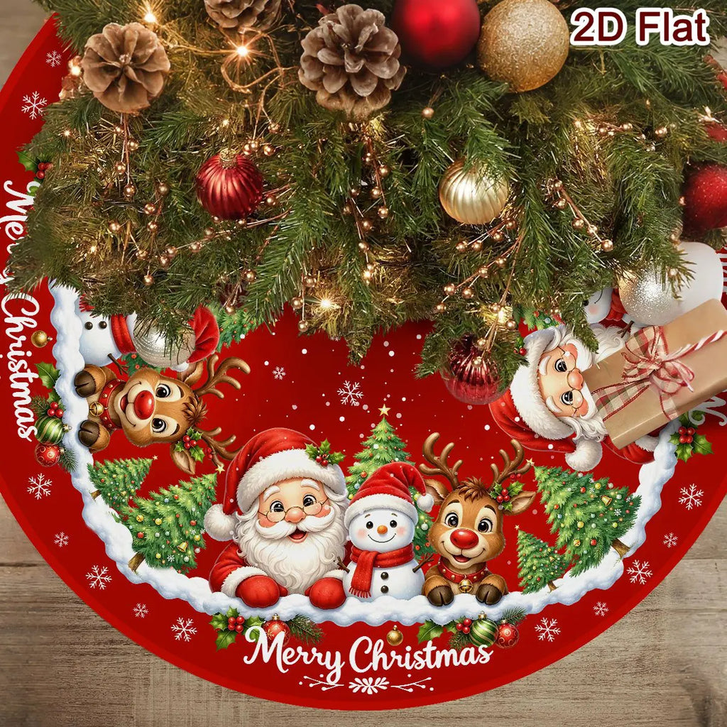 Christmas Tree Skirt, Santa & Snowman Print Holiday Tree Mat