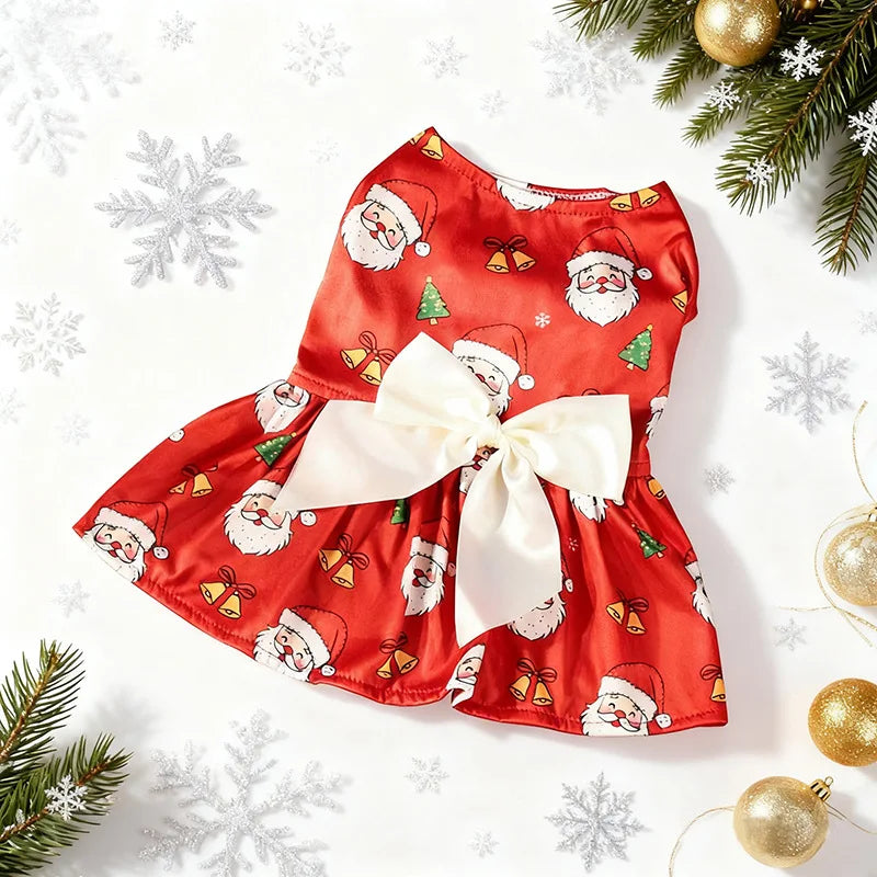 Christmas Dog Dress with Bow, Festive Holiday Pet Skirt