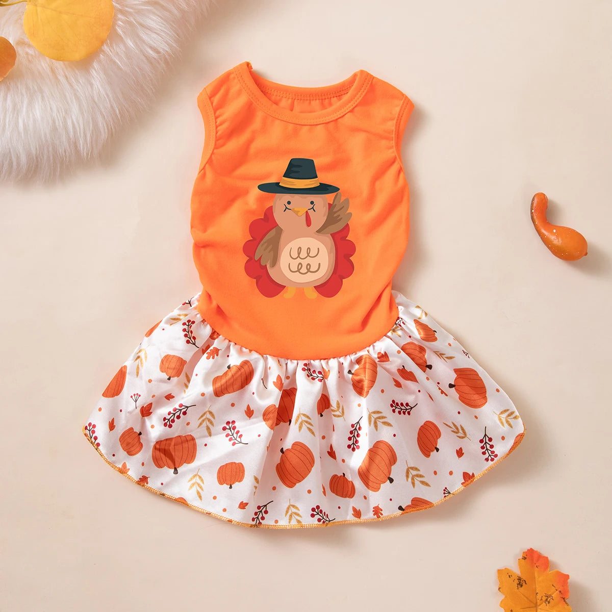 Fall Thanksgiving Pumpkin Print Dog Dress for Small & Medium Dogs