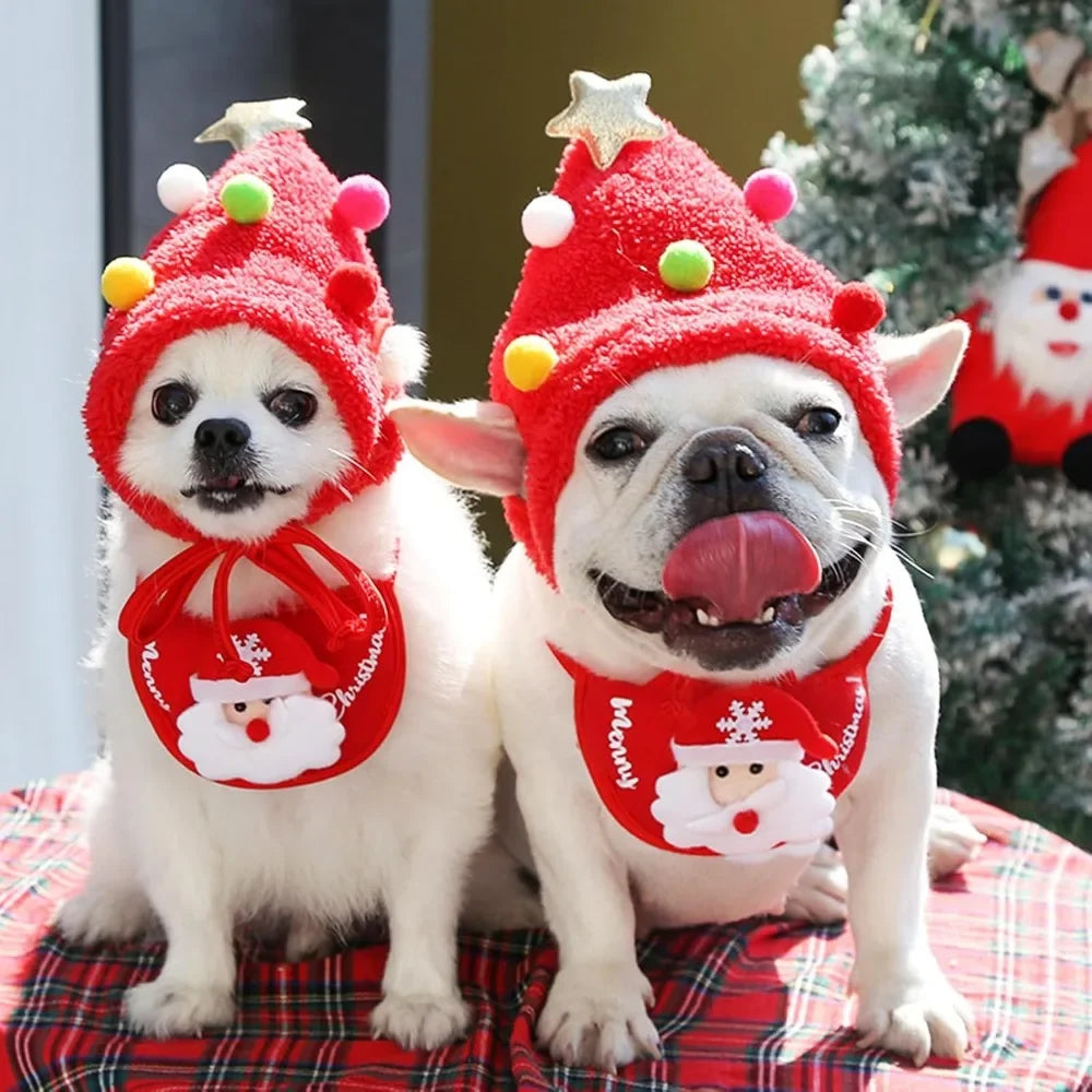 Christmas Santa Hat & Bandana Set for Dogs & Cats, Photo Prop