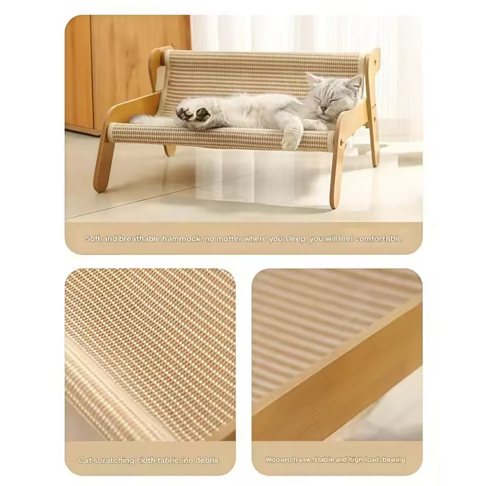 Sisal Cat Scratcher Lounge Bed with Wooden Frame, 2-in-1 Hammock