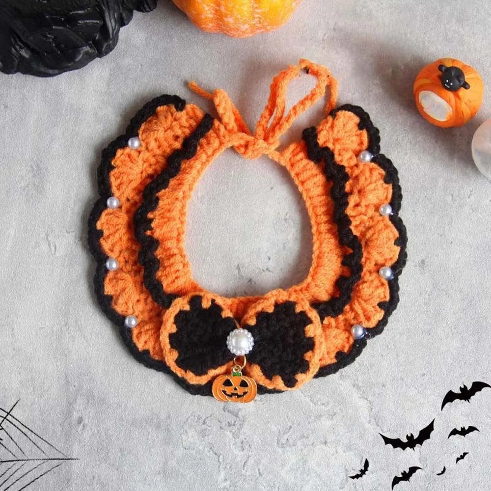 Halloween Cat Costume Pumpkin Ghost Woven Hat and Bib Set for Cats