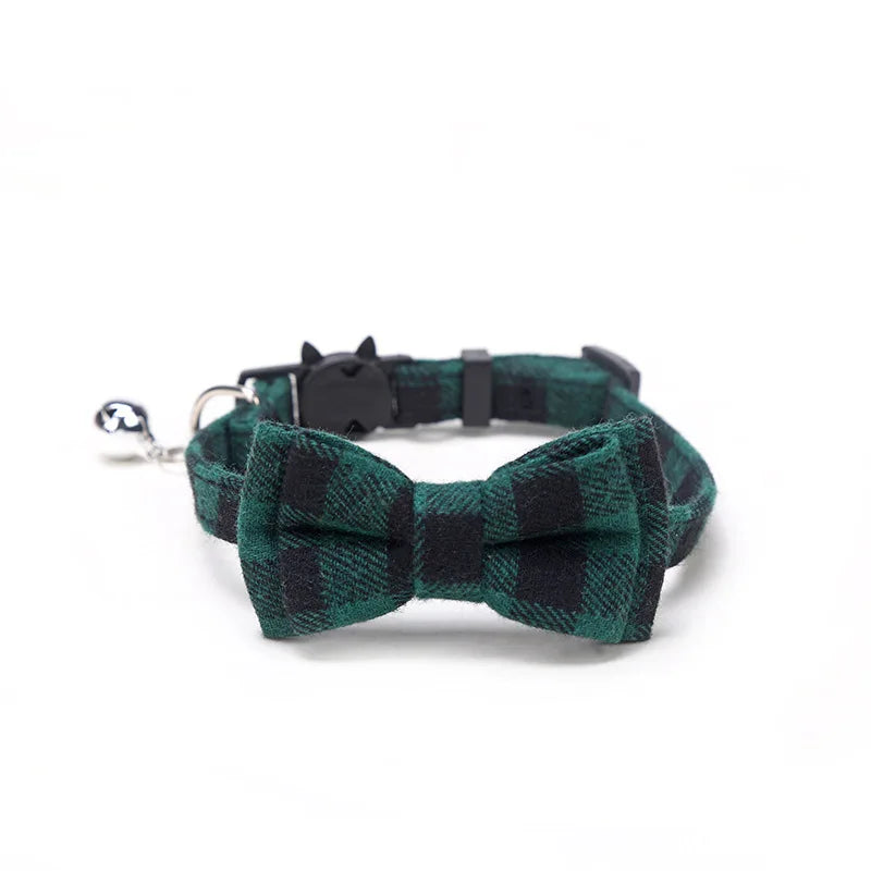 Christmas Plaid Pet Collar Necklace with Bow Tie and Bell, Adjustable