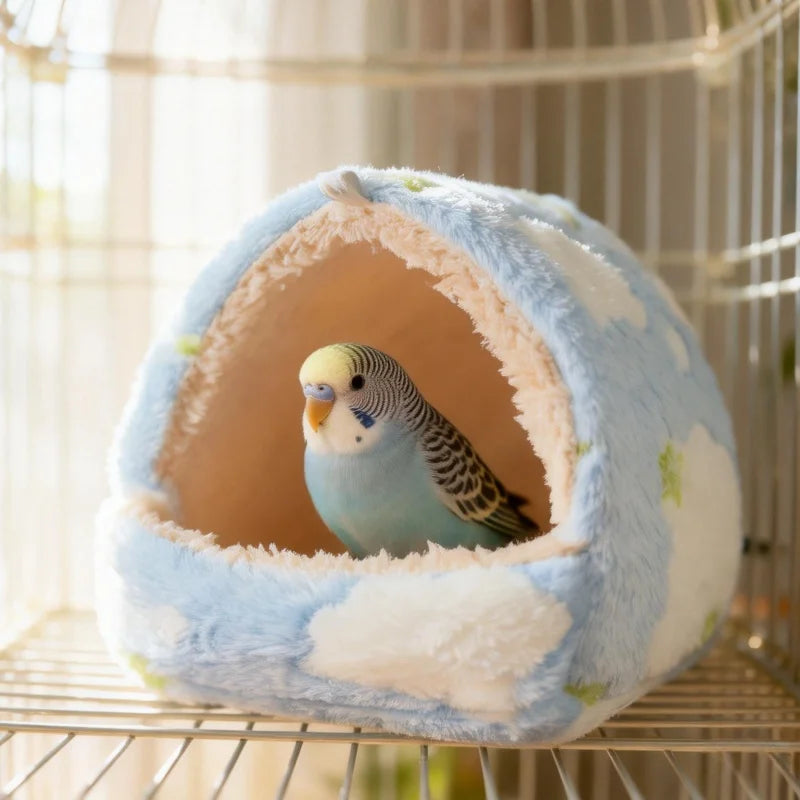 Warm Plush Bird Nest Bed for Parrots, Cozy Winter Hideout Hut