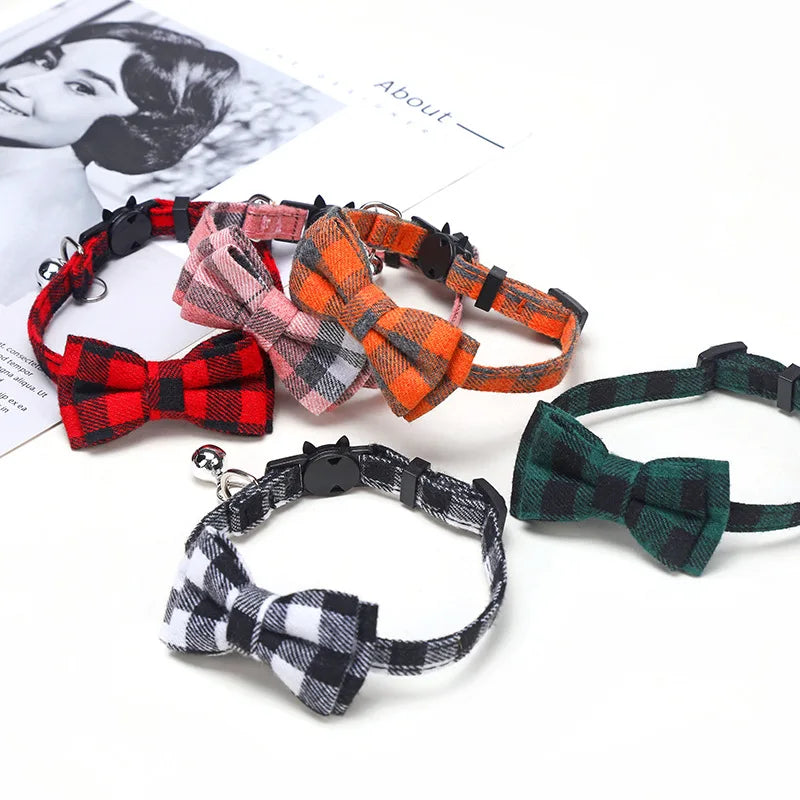 Christmas Plaid Pet Collar Necklace with Bow Tie and Bell, Adjustable