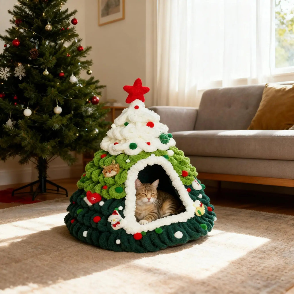 Knitted Christmas Tree Cat House, Warm Winter Nest for Kittens