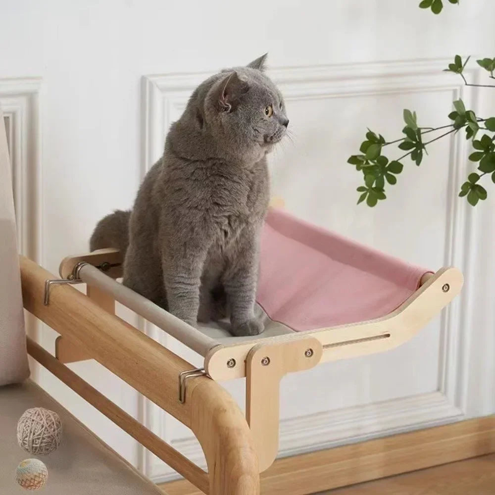 Wooden Sofa Armrest Cat Hammock, Clip-On Canvas Perch Bed for Cats
