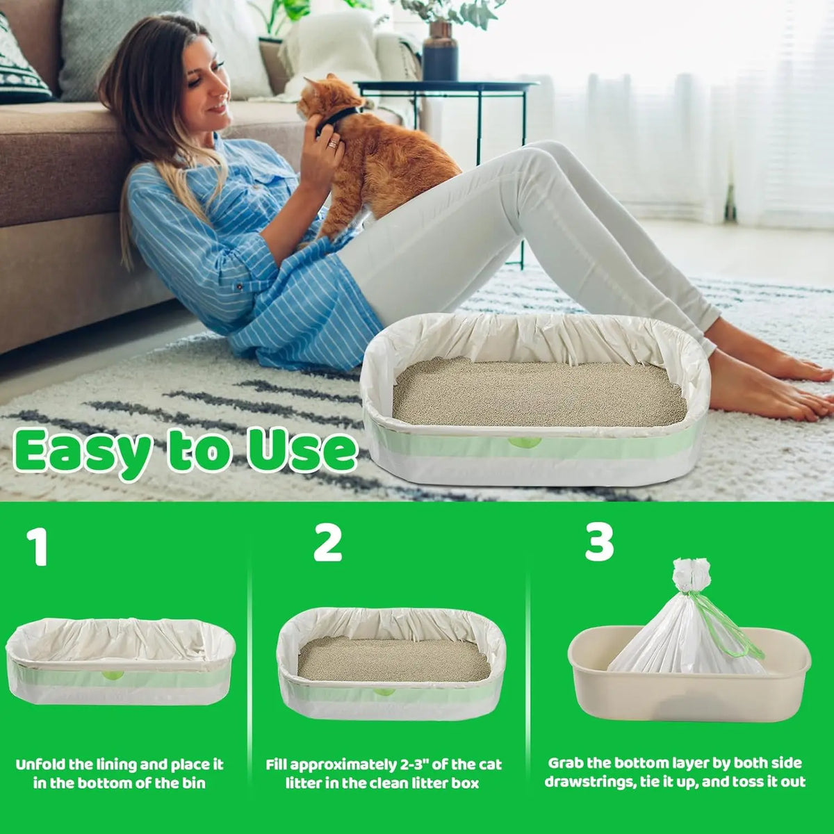 Extra-Thick Jumbo Cat Litter Pan Liners with Drawstring
