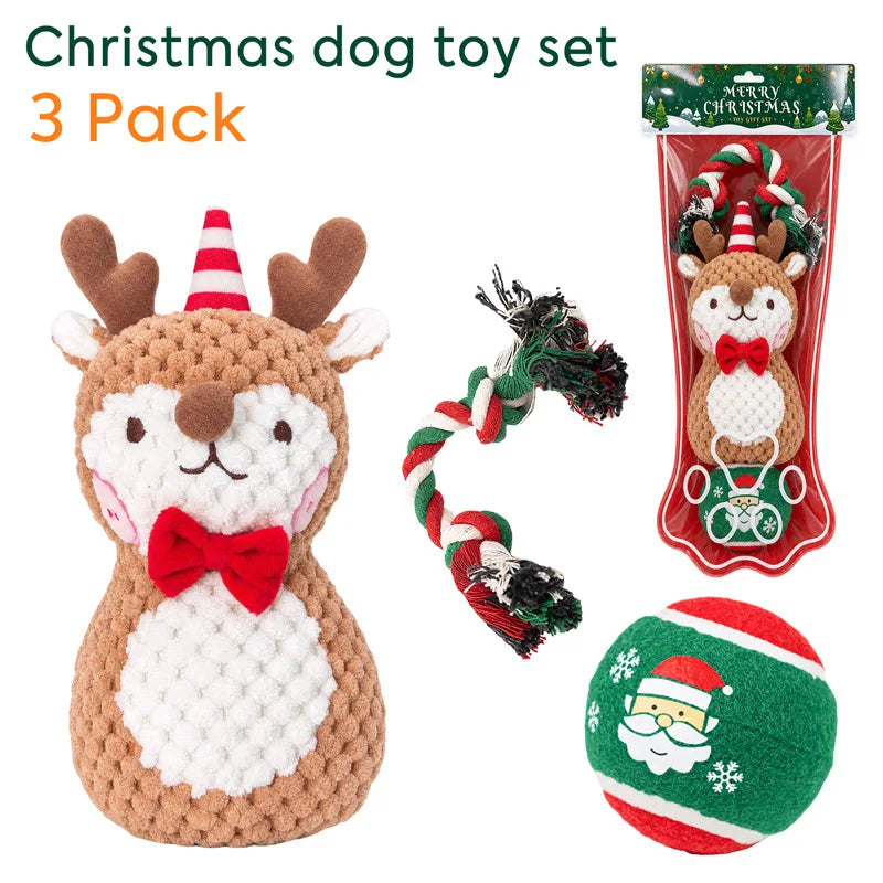 3-Piece Christmas Dog Toy Set with Plush, Rope and Tennis Ball