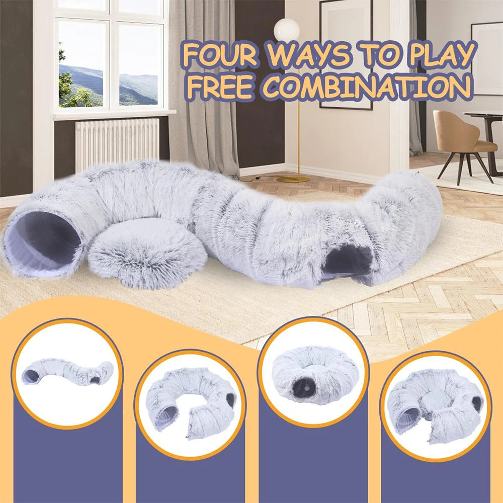 Plush Cat Tunnel Bed, Foldable 2-in-1 Warm Round Hideaway for Cats